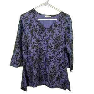 Vintage Lagenlook Russ Berens Blue Linen Blend Floral Top Size Medium